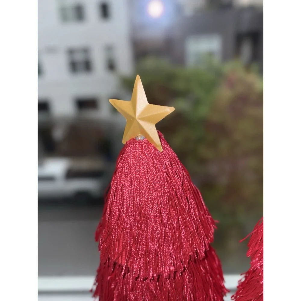 Pink Christmas Trees Set 2 Tassel Fringe Gold Base Tabletop Holiday Decor